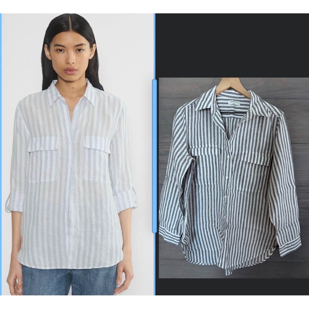Babaton Utility Linen Shirt Womens Medium Gray White Striped‎ 100% Linen 96487